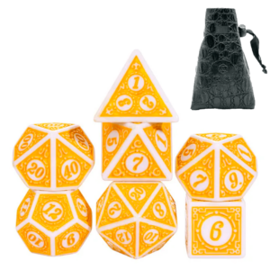 Dados RPG amarelos com linhas brancascapa