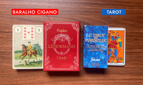 No lado direito temos o tarot e do lado esquerdo temos o baralho cigano